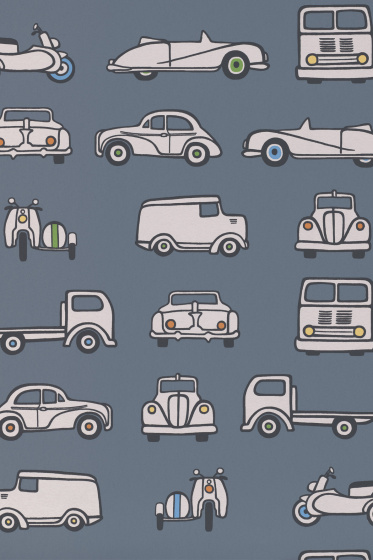 Swatch of the warm blue car print wallpaper 'Road Trip - Juniper Ash'.