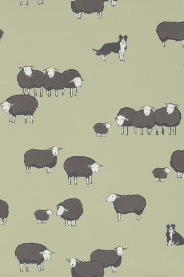 Swatch of the pale green dog and sheep print wallpaper 'Nip & Lassie - Kitchen Green'.