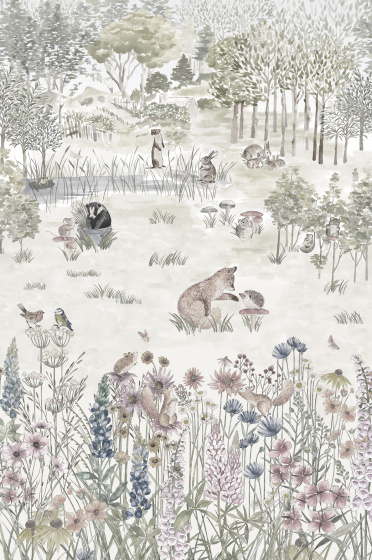 Swatch of the neutral grey autumnal watercolor mural wallpaper 'Potter's Woodland - Solstice'.