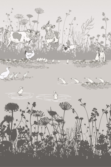 Swatch of the neutral grey animal print mural wallpaper 'Riverside Capers - Cluck'.