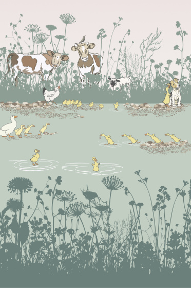 Swatch of the pale green and pink animal print mural wallpaper 'Riverside Capers - Quack'.