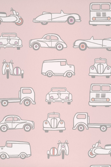 Swatch of the pale pink car print wallpaper 'Road Trip - Confetti'.