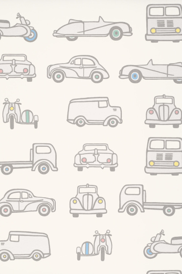 Swatch of the pale grey car print wallpaper 'Road Trip - French Grey'.