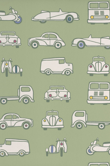 Swatch of the light green car print wallpaper 'Road Trip - Pea Green'.