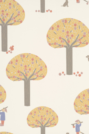 Swatch of the pale yellow tree print wallpaper 'Rodney Street - Light Gold'.