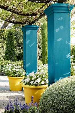 Outside area with dark blue (Marine Blue) pillars and bright yellow (Mister David) plant pots, next to trees and flowers.