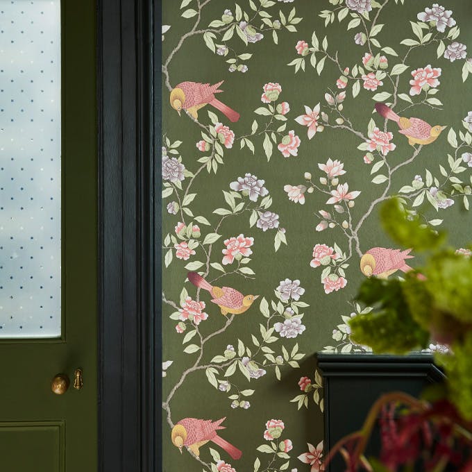 Close up of the dark green floral wallpaper 'Aderyn - Olive Colour' on a wall, with a co-ordinating green door on the left.