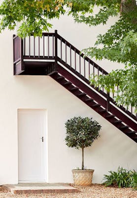 Outside stairs painted in deep aubergine shade 'Córdoba' with neutral white 'Hollyhock' walls alongside plants and trees.