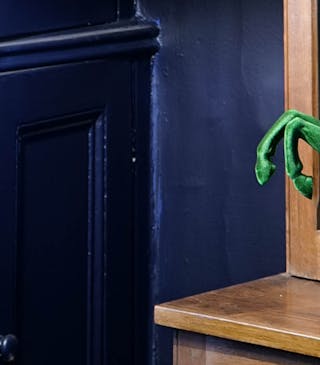 Green velvet horse statue placed on a wooden bookcase in a sitting room with dark Dock Blue walls.