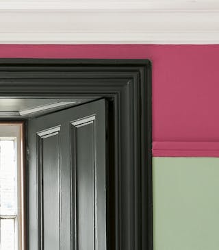 Close-up of a wall painted in light green 'Pea Green' with a bright pink contrast stripe at the top.