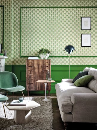 Living room with green leaf wallpaper (Clutterbuck - Lodge), green panelling (Sage & Onions) and white ceiling with coving.