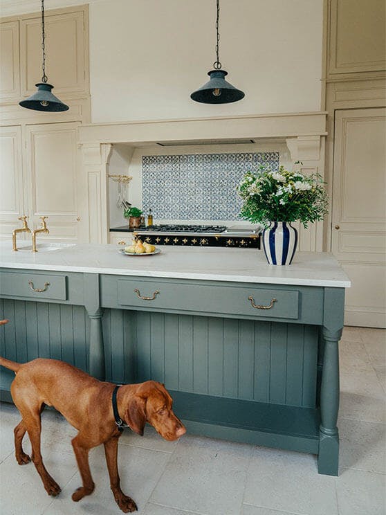 A large kitchen featuring a grey island with marble worktops, walls painted in various Clay tones, and a brown dog.