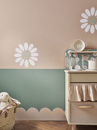 Upper Wall - Masquerade, Lower Wall - Pleat, Flower Detail - Shirting and Normandy Grey, Mini Kitchen: Burges Snail – Ocean 