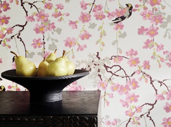 A bowl of pears on a table in front of a wall covered in pink blossom and bird wallpaper (Massingberd Blossom - Mineral).