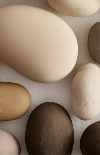 Close-up of pebbles in a variety of neutral colors and sizes.