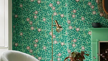 Green floral wallpaper (Briar Rose - Green Verditer) with deep green ceiling (Mid Azure Green) and baseboards in living room.