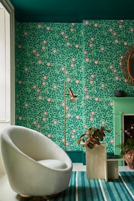 Green floral wallpaper (Briar Rose - Green Verditer) with deep green ceiling (Mid Azure Green) and baseboards in living room.