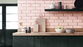 Kitchen with pink (Confetti) brickwork on the walls, a black shelf, black (Lamp Black) cupboards and a wooden counter top.