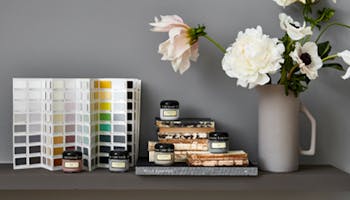 The Little Greene color card in front of a grey wall displayed alongside books, flowers and Little Greene sample pots.