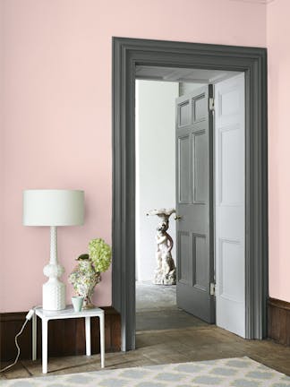 Doorway entrance with a grey green (Livid) painted door and doorframe with a contrasting pale pink (Confetti) wall.