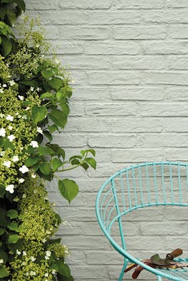 Exterior brick wall painted in grey green 'Normandy Grey' with a bush to the left and a Turquoise Blue chair to the right.