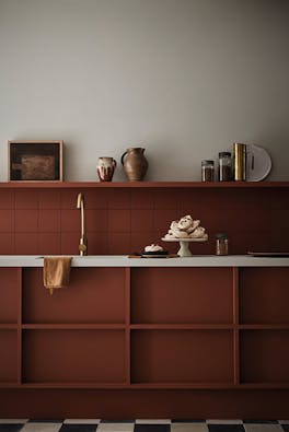 Kitchen with the upper wall painted in neutral shade 'Slaked Lime - Mid' and the lower wall and cabinets in terracotta 'Muscovado'.