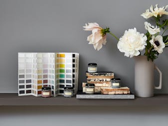 Five Little Greene paint samples and Color Card in front of a grey background with white and light pink flowers on the side.