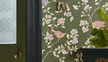 Close up of the dark green floral wallpaper 'Aderyn - Olive Colour' on a wall, with a co-ordinating green door on the left.