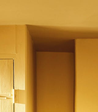 Close-up of kitchen walls and cupboard doors drenched in the vibrant yellow shade 'Giallo', with plates and bowls on a shelf.