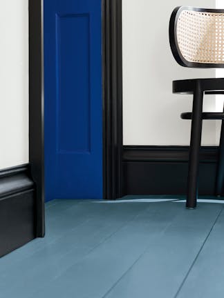 Hallway with an Air Force Blue painted floor, contrasting white (Shallows) walls and black (Jack Black) woodwork.