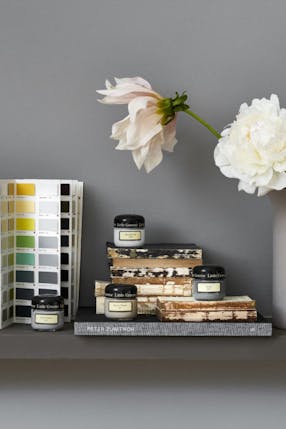 The Little Greene color card in front of a grey wall displayed alongside books, flowers and Little Greene sample pots.