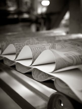 Close-up of wallpaper sheets during the manufacturing process.