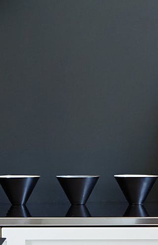 Close-up of a kitchen with black (Lamp Black) wall, white cupboards and metal countertop featuring dishes and vases.