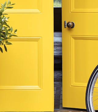 Front door painted in bright yellow 'Mister David' with two trees and a bike under pillars.