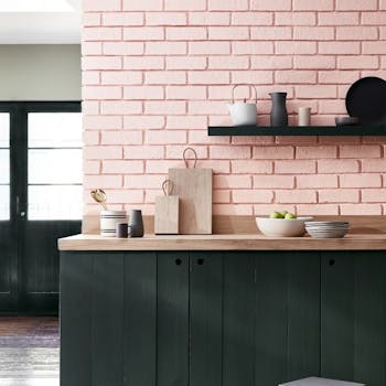 Light pink brick wall painted in Confetti, featuring a contrasting shelf in Lamp Black with kitchen jugs and bowls on top.