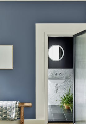 Deep blue wall (Juniper Ash) with contrasting grey woodwork looking into a tiled ensuite with a plant.