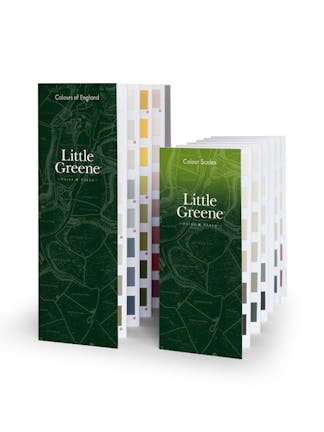 Two Little Greene Color Cards of different sizes positioned side-by-side in front of a white backdrop.