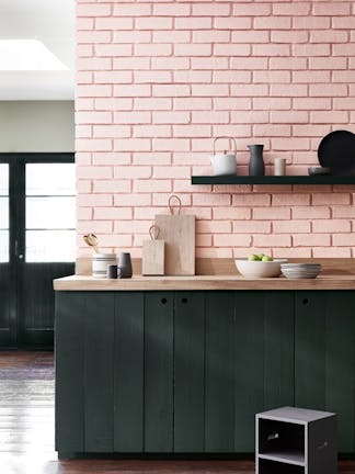 Kitchen with pink (Confetti) brickwork on the walls, a black shelf, black (Lamp Black) cupboards and a wooden counter top.