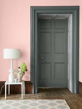 Doorway entrance with a grey green (Livid) painted door and doorframe with a contrasting pale pink (Confetti) wall.