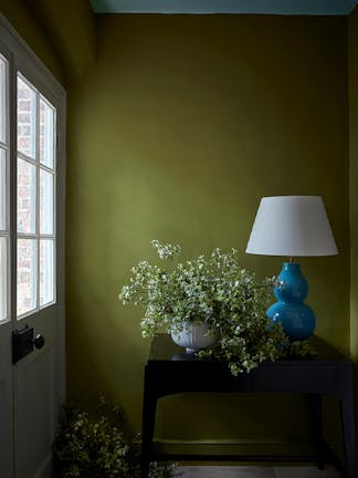 Hallway with vibrant green (Citrine) on the walls, a white front door to the left and a side table with a plant and lamp. 