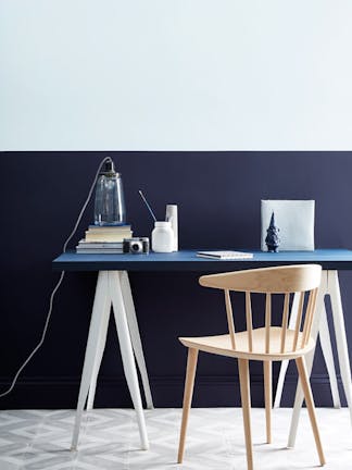 Office featuring a two-tone wall with the upper half in grey (Gauze - Mid) and the bottom half in indigo blue (Dock Blue).