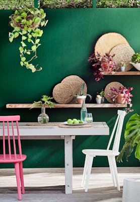 Outside dining room table and chairs with a dark green wall (Puck) with wooden shelves.