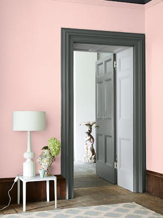 Doorway entrance with a grey-green (Livid) painted door and doorframe with a contrasting pale pink (Confetti) wall.