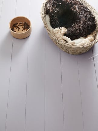 Dog lying in a basket on white wooden flooring next to a dog bowl with food.