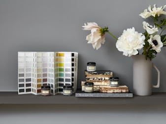 Five Little Greene paint samples and Color Card in front of a grey background with white and light pink flowers on the side.