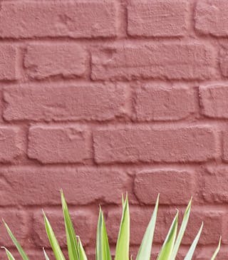 Outside brick wall painted in red shade 'Ashes of Roses' with bright green garden table and pink chair.