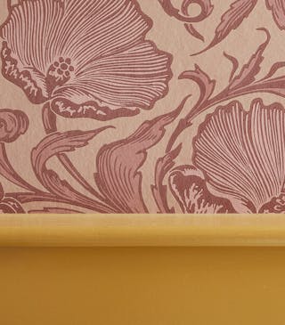 Close-up of detailed pink Poppy Trail - Masquerade wallpaper pattern featured alongside Yellow-Pink panelling.