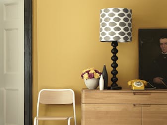 Close-up of a mustard yellow (Yellow-Pink) wall with a white and grey patterned lampshade and ornaments to the right.