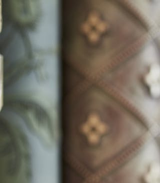 Five rolls of Little Greene wallpaper in different patterns and colors positioned vertically on a shelf.