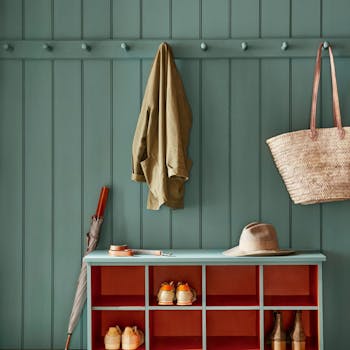 Paneled mudroom painted in green shade, Pleat, with contrasting deep red (Heat) shelving.